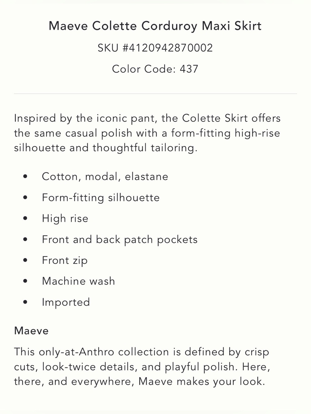 NWT Anthropologie Maeve Colette Maxi Corduroy Skirt size medium - Picture 4 of 5